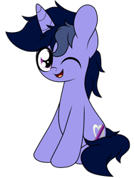 Size: 1500x2000 | Tagged: safe, artist:kimjoman, derpibooru import, oc, oc only, oc:purple flix, pony, unicorn, .svg available, flat colors, looking at you, male, one eye closed, simple background, sitting, smiling, solo, svg, transparent background, vector, wink