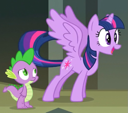 Size: 521x461 | Tagged: safe, derpibooru import, screencap, spike, twilight sparkle, twilight sparkle (alicorn), alicorn, dragon, pony, castle mane-ia, adorkable, book, cropped, cute, dork, excited, eyes on the prize, faic, female, frown, happy, male, mare, open mouth, smiling, spread wings, standing, that pony sure does love books, twiabetes, wide eyes, wingboner, wings, worried