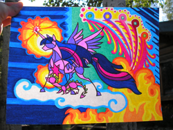 Size: 2016x1512 | Tagged: safe, artist:foldawaywings, derpibooru import, spike, twilight sparkle, twilight sparkle (alicorn), alicorn, dragon, pony, cloud, duo, fire, horn, magic, photo, spread wings, stained glass, traditional art, wings