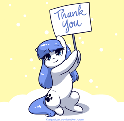 Size: 1413x1379 | Tagged: safe, artist:katputze, derpibooru import, oc, oc only, oc:snow pup, pony, abstract background, cute, female, mare, sign, sitting, smiling, solo, text, wingless