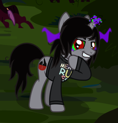 Size: 1361x1415 | Tagged: safe, artist:lightningbolt, derpibooru exclusive, derpibooru import, pony, unicorn, the mean 6, .svg available, clone, clothes, dark magic, disguise, disguised siren, drop dead clothing, evil, fangs, feather, glow, green sclera, grin, jewelry, kellin quinn, long sleeves, looking at you, magic, male, messy hair, necklace, ponified, prone, raised hoof, red eyes, shirt, sleeping with sirens, slit eyes, smiling, solo, sombra eyes, stallion, standing, svg, vector