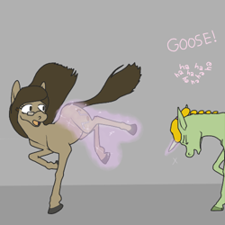 Size: 500x500 | Tagged: safe, artist:autumnbramble, derpibooru import, oc, oc only, oc:autumn bramble, oc:marigold field, earth pony, pony, unicorn, butt touch, female, laughing, lesbian, magic, oc x oc, shipping