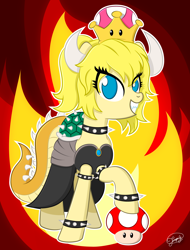 Size: 3334x4376 | Tagged: safe, artist:up-world, derpibooru import, pony, bowsette, clothes, collar, crown, dragon tail, dress, fangs, female, jewelry, mare, meme, ponified, regalia, solo, spiked collar, super crown, super mario bros.