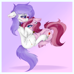 Size: 1024x1024 | Tagged: safe, artist:_spacemonkeyz_, derpibooru import, oc, oc only, oc:raphi, oc:rosebud, earth pony, pony, unicorn, female, floating, oc x oc, shipping, snuggling