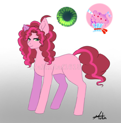 Size: 834x850 | Tagged: safe, artist:malinraf1615, derpibooru import, oc, oc:bright pastel pie, earth pony, pony, female, gradient background, mare, offspring, parent:cheese sandwich, parent:pinkie pie, parents:cheesepie, reference sheet, signature, solo, watermark