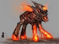 Size: 900x671 | Tagged: safe, artist:elkaart, derpibooru import, oc, oc only, original species, pony, unicorn, fire, glow, glowing eyes, golem, gradient background, gray background, lava, simple background, size difference