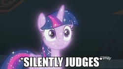 Size: 800x450 | Tagged: safe, derpibooru import, edit, edited screencap, screencap, twilight sparkle, alicorn, what lies beneath, discovery family logo, eyelashes, image macro, judging you, looking at you, meme, reaction image, silently judging you, smiling, solo, sparkles, staring into your soul, tree of harmony, treelight sparkle