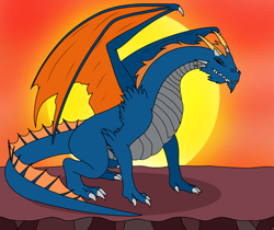 Size: 1308x1100 | Tagged: safe, artist:linedraweer, derpibooru import, oc, oc only, oc:von, dragon, black eye, claws, commission, dragon oc, dragon wings, dragonified, horns, male, mountain, solo, species swap, sundown, tail, teeth, wings