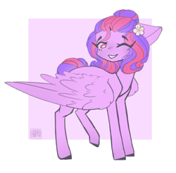 Size: 1377x1352 | Tagged: safe, artist:harusocoma, derpibooru import, oc, oc:moonlight blossom, pegasus, pony, female, mare, one eye closed, solo, wink