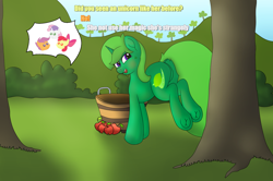 Size: 2000x1330 | Tagged: safe, artist:limedreaming, derpibooru import, apple bloom, scootaloo, sweetie belle, oc, oc:lime dream, pony, unicorn, apple, applebucking, bucket, bush, cutie mark crusaders, engrish, farm, food, grammar error, looking back, tree