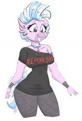 Size: 900x1330 | Tagged: safe, artist:flutterthrash, derpibooru import, silverstream, anthro, breasts, clothes, female, off shoulder, punk, shirt, simple background, smiling, solo, white background