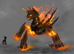 Size: 900x657 | Tagged: safe, artist:elkaart, derpibooru import, oc, oc only, original species, pony, fire, glowing eyes, golem, horn, mane of fire, size difference, smoke