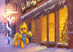 Size: 3508x2480 | Tagged: safe, artist:dragonataxia, derpibooru import, oc, oc only, pony, unicorn, christmas, christmas tree, clothes, coffee, commission, curved horn, female, glowing horn, holiday, horn, lamppost, magic, mare, scarf, snow, snowfall, solo, telekinesis, tree, window, winter, wreath