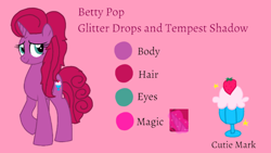 Size: 1920x1080 | Tagged: safe, artist:徐詩珮, derpibooru import, oc, oc:betty pop, pony, unicorn, cutie mark, horn, magic, magical lesbian spawn, next generation, offspring, parent:glitter drops, parent:tempest shadow, parents:glittershadow, pink background, reference sheet, simple background