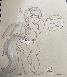 Size: 1654x1900 | Tagged: safe, artist:ruef, derpibooru import, oc, oc only, oc:melting, bat pony, bikini, clothes, crossdressing, looking back, sketch, solo, sparkle, swimsuit, traditional art