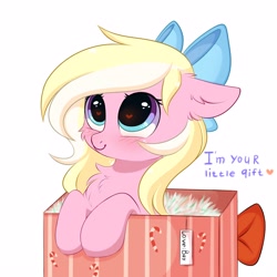 Size: 3000x3000 | Tagged: safe, artist:pesty_skillengton, derpibooru import, oc, oc only, oc:bay breeze, pegasus, pony, blushing, bow, box, chest fluff, cute, ear fluff, female, hair bow, heart eyes, looking up, mare, ocbetes, pesty's little gift, pony in a box, present, simple background, tail bow, text, weapons-grade cute, white background, wingding eyes, ych result