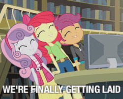 Size: 393x318 | Tagged: safe, derpibooru import, edit, edited screencap, screencap, apple bloom, scootaloo, sweetie belle, equestria girls, equestria girls (movie), animated, caption, computer, cutie mark crusaders, dancing, female, image macro, implied foalcon, implied sex, meme, oh no, this will end in jail time, this will end in tears