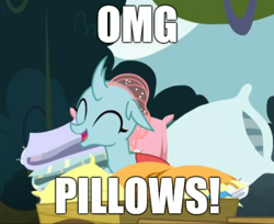Size: 1322x1080 | Tagged: safe, derpibooru import, edit, edited screencap, editor:apex soundwave, screencap, ocellus, changedling, changeling, school daze, bed bug, cute, cuteling, diaocelles, female, happy, image macro, literal bed bug, pillow, solo, text, that changeling sure does love pillows, weapons-grade cute