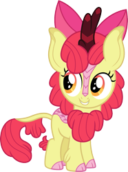 Size: 895x1200 | Tagged: safe, artist:cloudyglow, derpibooru import, apple bloom, kirin, adorabloom, bow, cloven hooves, colored hooves, cute, female, hair bow, kirin-ified, simple background, smiling, solo, species swap, transparent background, vector