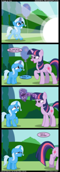 Size: 1024x2893 | Tagged: safe, artist:veggie55, derpibooru import, edit, trixie, twilight sparkle, pony, abuse, comic, female, filly, spanish, time travel, translation, trixiebuse, twibitch sparkle