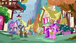 Size: 1440x809 | Tagged: safe, derpibooru import, screencap, amethyst star, dark moon, graphite, minuette, mochaccino, rare find, sparkler, pony, unicorn, tanks for the memories, background pony, basket, female, icicle, looking up, magic, male, mare, ponyville, stallion, telekinesis, winter