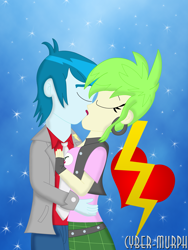 Size: 2787x3716 | Tagged: safe, artist:cyber-murph, derpibooru import, cherry crash, thunderbass, equestria girls, background human, cherrybass, clothes, ear piercing, eyes closed, fingerless gloves, gloves, hands on waist, heart, kissing, leather vest, love, necktie, piercing, rocker, shipping, signature, vest