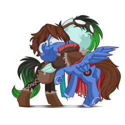 Size: 2000x2000 | Tagged: safe, artist:midnight_bats, derpibooru import, oc, oc only, oc:bizarre song, oc:gryph xander, pegasus, pony, clothes, digital art, duo, eyes closed, goggles, gradient hair, gradient mane, gradient tail, high res, hug, male, signature, simple background, smiling, stallion, white background, ych result