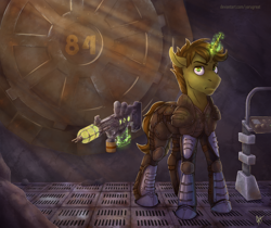 Size: 2500x2100 | Tagged: safe, artist:yarugreat, derpibooru import, oc, oc only, oc:scrap heap, pony, unicorn, fallout equestria, commission, fanfic art, glasses, glowing horn, gun, magic, male, solo, stallion, telekinesis, vault, weapon