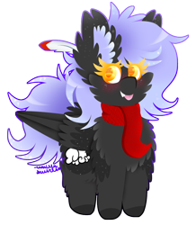 Size: 810x930 | Tagged: safe, artist:vanillaswirl6, derpibooru import, oc, oc only, oc:cloudy night, pony, :p, chest fluff, clothes, colored hooves, colored pupils, feather, fluffy, freckles, gift art, scarf, signature, silly, simple background, tongue out, transparent background