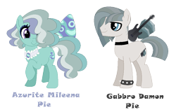 Size: 834x534 | Tagged: safe, artist:andy-hazards, derpibooru import, oc, oc:azure pie, oc:gabbro pie, earth pony, pony, base used, brother and sister, choker, duo, female, hair over one eye, magical lesbian spawn, male, mare, offspring, parent:coco pommel, parent:marble pie, parents:marblecoco, raised hoof, siblings, simple background, spiked wristband, stallion, transparent background, wristband