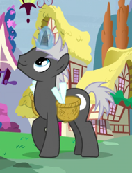 Size: 294x386 | Tagged: safe, derpibooru import, screencap, dark moon, graphite, pony, unicorn, tanks for the memories, background pony, basket, cropped, icicle, looking up, magic, magic aura, male, solo, stallion