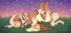 Size: 1600x749 | Tagged: safe, artist:pvrii, derpibooru import, oc, oc only, oc:heavenly hazelnut, pegasus, pony, constellation, digital art, ear piercing, female, grass, looking at you, lying down, mare, piercing, signature, solo, spread wings, stars, wings