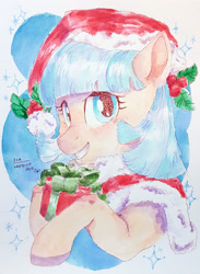 Size: 1920x2630 | Tagged: safe, artist:laps-sp, derpibooru import, coco pommel, earth pony, pony, christmas, cocobetes, cute, female, hat, holiday, mare, present, santa hat, smiling, solo, traditional art