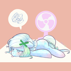 Size: 2000x2000 | Tagged: safe, artist:talim_stuff, derpibooru import, oc, oc only, oc:azur lachrimae, crystal pony, bow, fan, hair bow, lying down, simple background