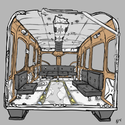 Size: 2500x2500 | Tagged: safe, artist:dombrus, derpibooru import, fallout equestria, bullet hole, bus, interior, no pony, sky bandit, skywagon