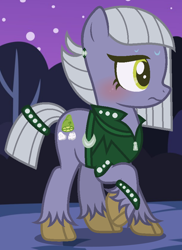 Size: 656x900 | Tagged: safe, artist:razorbladetheunicron, derpibooru import, limestone pie, earth pony, pony, base used, belt, blushing, bracelet, clothes, costume, cutie mark, ear piercing, earring, embarrassed, female, jacket, jewelry, lateverse, leather jacket, mare, nervous, nightmare night, nightmare night costume, piercing, punk rock, solo, unshorn fetlocks, zipper