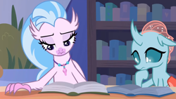 Size: 1726x971 | Tagged: safe, derpibooru import, screencap, ocellus, silverstream, changedling, changeling, hippogriff, what lies beneath, book, chair, duo, duo female, female, shelf, table