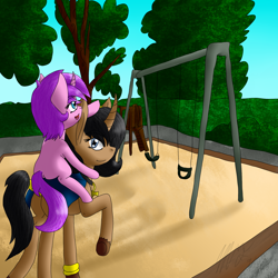 Size: 1800x1800 | Tagged: safe, artist:midnightfire1222, derpibooru import, oc, oc:amethyst, oc:nuha, pony, unicorn, duo, female, filly, mare, park, playground