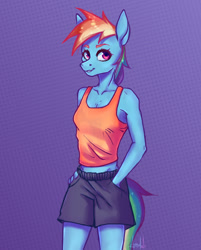 Size: 908x1128 | Tagged: safe, artist:dumddeer, derpibooru import, rainbow dash, anthro, clothes, female, shirt, simple background, solo