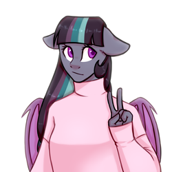 Size: 4000x4000 | Tagged: safe, artist:paperdakku, derpibooru import, oc, oc only, oc:fizzy pop, anthro, bat pony, absurd resolution, anthro oc, clothes, commission, digital art, female, floppy ears, folded wings, frown, looking sideways, mare, multicolored hair, multicolored mane, shirt, simple background, solo, victory sign, white background, wings, ych result