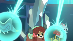 Size: 1280x720 | Tagged: safe, derpibooru import, screencap, ocellus, yona, changedling, changeling, yak, school raze, bow, duo, female, hair bow, helm of yickslur, helmet, knuckerbocker's shell, monkey swings, shell