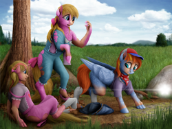 Size: 1000x750 | Tagged: safe, artist:geoffrey mcdermott, derpibooru import, danny williams, megan williams, molly williams, earth pony, pegasus, pony, unicorn, g1, clothes, human to pony, lens flare, torn clothes, transformation