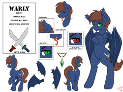 Size: 10000x7500 | Tagged: safe, artist:frowfrow, derpibooru import, oc, oc only, oc:warly, bat pony, pony, absurd resolution, cutie mark, fangs, male, plot, reference sheet, solo, stallion, tongue out