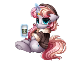 Size: 2950x2350 | Tagged: safe, artist:pridark, derpibooru import, oc, oc only, pony, unicorn, clothes, coffee, coffee cup, commission, cup, female, high res, horn ring, levitation, magic, mare, simple background, sitting, smiling, smug, solo, starbucks, telekinesis, transparent background, underhoof