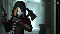 Size: 1920x1080 | Tagged: safe, artist:spinostud, derpibooru import, anthro, 3d, assassin's creed, axe, camera, clothes, coat, gloves, gun, hair over one eye, hallway, handgun, hood, looking at you, revolver, source filmmaker, weapon