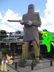 Size: 1024x1365 | Tagged: safe, artist:didgereethebrony, derpibooru import, sheriff silverstar, oc, oc:didgeree, armor, cowboy hat, gun, hat, helmet, mlp in australia, ned kelly, sheriff's badge, statue, weapon