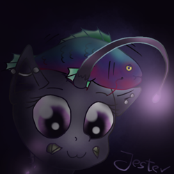 Size: 500x500 | Tagged: safe, artist:jesterpi, derpibooru import, oc, oc only, oc:deep lilly, angler fish, fish, merpony, angler seapony, bust, cute, dark, female, glow, mare, purple background, purple eyes, simple background, smiling, trout, underwater