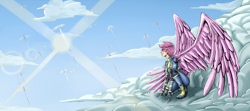Size: 3000x1333 | Tagged: safe, artist:brother-lionheart, derpibooru import, scootaloo, human, clothes, cloud, female, goggles, humanized, large wings, sky, solo, uniform, wings, wonderbolts uniform