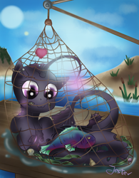 Size: 1500x1925 | Tagged: safe, artist:jesterpi, derpibooru import, oc, oc only, oc:deep lilly, angler fish, fish, merpony, angler seapony, captured, day, female, fishing, fishing net, glare, glow, heart, holes, island, mare, net, ocean, puddle, seaweed, shells, smiling, tail, wet