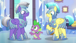 Size: 1280x720 | Tagged: safe, derpibooru import, screencap, spike, crystal pony, dragon, pegasus, pony, the times they are a changeling, armor, crystal guard, crystal guard armor, helmet, male, raised hoof, stallion, trio